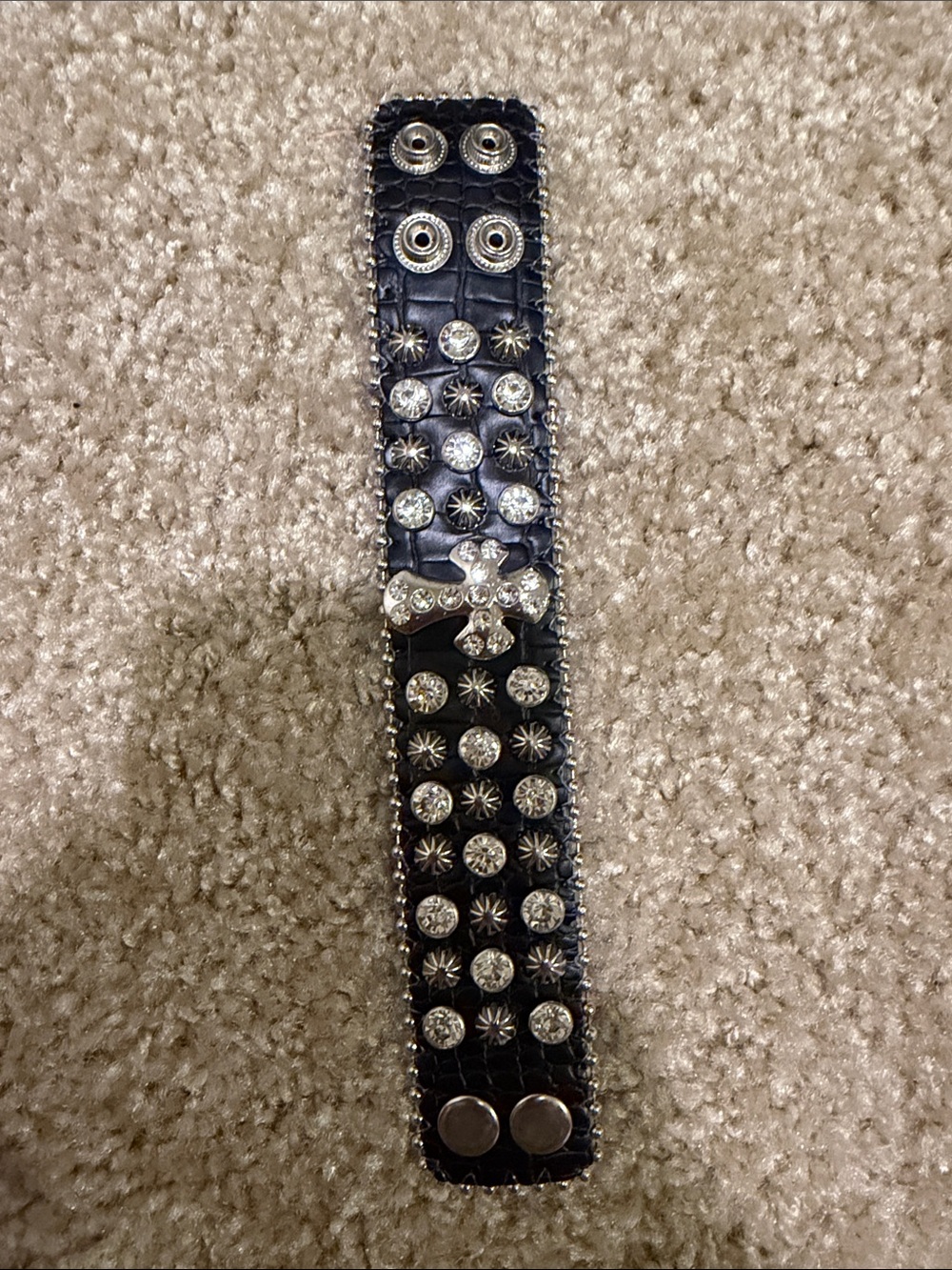 Black Studded Rhinestone Wide Leather Bracelet